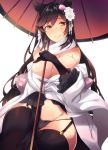  animal_ears atago_(azur_lane) azur_lane bare_shoulders between_legs black_gloves black_hair black_legwear black_panties blush breasts brown_eyes cleavage closed_mouth flower frilled_sleeves frills garter_straps gloves hair_flower hair_ornament hand_between_legs japanese_clothes kimono large_breasts long_hair looking_at_viewer open_clothes open_kimono oriental_umbrella panties shimakaze simple_background sitting smile solo thighhighs umbrella underwear very_long_hair white_background white_kimono 