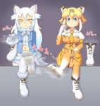  2girls animal_ears arctic_wolf_(kemono_friends) bitashinmi blonde_hair blue_eyes boots fang feet holding_shoes kemono_friends legs_crossed legwear long_hair looking_at_viewer multiple_girls sabre_tiger_(kemono_friends) shoes_removed sitting smell soles steam white_hair yellow_eyes 