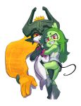  2018 anthro armor black_skin boots bottomless chi-iz clothed clothing crossover digital_media_(artwork) duo female female/female fink_(ok_k.o.!_lbh) footwear fur green_fur green_hair grin hair helmet hug humanoid jagged_teeth looking_at_viewer lying mammal midna mouse multicolored_skin navel nintendo ok_k.o.!_let&#039;s_be_heroes on_back rear_view red_eyes rodent short_stack simple_background smile teasing the_legend_of_zelda thin_tail twili twilight_princess two_tone_skin video_games white_background white_skin yellow_sclera 