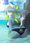  2018 5_fingers anthro bikini blue_hair breasts clothed clothing day detailed_background digital_media_(artwork) female green_eyes hair hedgehog mammal nitricacid outside partially_submerged pink_nose sky standing swimsuit water 