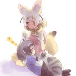  2girls animal_ears black_hair blonde_hair blush bow bowtie breast_pocket closed_eyes common_raccoon_(kemono_friends) elbow_gloves eyebrows_visible_through_hair fang fennec_(kemono_friends) fox_ears fox_tail gloves grey_hair hasu_(zatsugami) highres kemono_friends lap_pillow multicolored_hair multiple_girls open_mouth pantyhose pocket puffy_short_sleeves puffy_sleeves raccoon_ears raccoon_tail seiza short_hair short_sleeves sitting sleeping sweater tail thighhighs zzz 