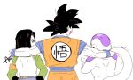  =3 android_17 annoyed artist_name azu_(kirara310) belt black_hair blue_eyes commentary_request crossed_arms dougi dragon_ball dragon_ball_super facing_away frieza hands_on_another's_shoulder height_difference long_sleeves looking_at_another male_focus multiple_boys open_mouth pants short_hair simple_background son_gokuu spiked_hair tail white_background wristband 