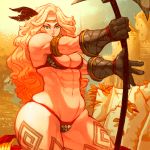  abs amazon_(dragon's_crown) armlet arthur_asa axe biceps bikini blonde_hair breasts dragon's_crown feathers gloves green_eyes long_hair medium_breasts muscle muscular_female swimsuit thick_thighs thighs 