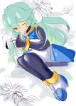  android bracelet colored dress fingerless_gloves flower green_hair one_eye_closed pandora_(rockman) rockman rockman_zx rockman_zx_advent simple_background tagme 