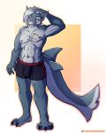  abs abstract_background autumn_sins bedroom_eyes blue_skin boxers_(clothing) bulge claws clothing countershading fish hair half-closed_eyes invalid_tag long_hair looking_at_viewer male marine muscular nipples pose scar seductive shark solo standing teeth thick_tail underwear yellow_eyes zeke 