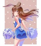  animal_ears ass bangs bare_arms bare_shoulders blue_dress blush breasts brown_background brown_eyes brown_hair bunny_ears bunny_girl bunny_tail cheerleader closed_mouth clothes_writing commentary_request cropped_legs dress eyebrows_visible_through_hair holding iesupa leaning_forward long_hair looking_at_viewer pom_poms pouty_lips rwby side_slit sleeveless sleeveless_dress small_breasts solo tail thighs velvet_scarlatina 