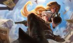  aiming_at_viewer alternate_costume blonde_hair boots chaps commentary cowboy cowboy_boots cowboy_hat cowgirl_miss_fortune day dirt dual_wielding foreshortening freckles from_below front-tie_top gun handgun hat highres holding jessica_oyhenart league_of_legends lips long_hair midriff navel nose official_art revolver sarah_fortune sky smoke smoking_gun solo weapon western 