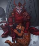  5_fingers anthro armor blue_eyes cat charr clothed clothing digital_media_(artwork) duo feline feral fur guild_wars keilink mammal orange_fur video_games 