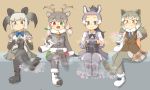  4girls animal_ears bitashinmi blush boots brown_eyes donkey_(kemono_friends) eastern_wolf_(kemono_friends) fang feet green_eyes grey_eyes grey_hair heterochromia holding_shoes kemono_friends legs_crossed legwear looking_at_viewer multiple_girls open_mouth ponytail red_eyes reindeer_(kemono_friends) scaly-tailed_possum_(kemono_friends) shoes_removed silver_hair sitting smell smile soles steam twintails two-tone_hair 