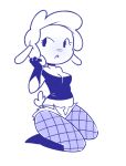  2018 4_fingers anthro breasts caprine cleavage clothed clothing digital_media_(artwork) disfigure female hair kneeling leggy_lamb legwear looking_aside mammal midriff monochrome open_mouth pose sheep sheep_wrecked short_hair shorts simple_background solo thigh_highs white_background wool 