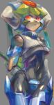  1girl android armor capcom colored crotch_plate green_hair helmet holding holding_weapon pandora_(rockman) red_eyes rockman rockman_zx simple_background solo staff tagme weapon 