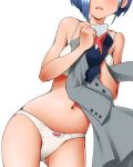  ass_visible_through_thighs bare_arms bare_shoulders blue_hair bow bow_panties bra breasts collarbone commentary_request darling_in_the_franxx dr_rex dress dress_removed grey_dress head_out_of_frame holding_dress ichigo_(darling_in_the_franxx) long_sleeves medium_breasts navel open_mouth panties short_hair simple_background solo underwear underwear_only uniform upper_teeth white_background white_bra white_panties 