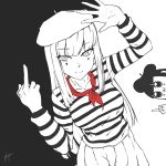  :3 bangs beret bkub_(style) blunt_bangs commentary eyebrows_visible_through_hair facepaint hat japon_mignon middle_finger mime monochrome neckerchief pipimi pleated_skirt poptepipic shirt signature skirt solo spot_color striped striped_shirt tsurime yirga 