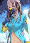  absurdres blue_sky day earrings gas_mask gloves grey_hair highres jewelry long_hair looking_at_viewer midriff okuto original purple_eyes signature sky solo standing uniform 