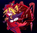  alternate_costume bangs black_background blonde_hair capelet commentary_request cowboy_shot eyebrows_visible_through_hair flandre_scarlet furorina grin hair_between_eyes hat looking_at_viewer mob_cap red_eyes side_ponytail sidelocks smile solo touhou 