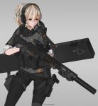  ar-15 artist_name assault_rifle bandaid bandaid_on_face chinese_robot_kid commentary_request emblem eotech gas_mask girls_frontline gloves grey_background gun gun_case handgun headset highres holding holding_gun holding_weapon holster laser_sight legwear_under_shorts load_bearing_vest lvoa-c original pantyhose patch pistol rifle shorts simple_background suppressor thigh_holster thigh_strap trigger_discipline weapon 