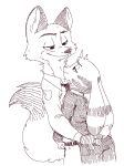  2018 anthro belt black_and_white canine clothed clothing dipstick_tail disney duo ear_markings eye_contact facial_markings fox fuel_(artist) fur_markings half-closed_eyes hand_on_butt hug jack_savage lagomorph male male/male mammal markings monochrome multicolored_tail necktie nick_wilde police_uniform rabbit simple_background suit uniform white_background zootopia 