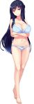  arms_under_breasts barefoot black_hair blue_bra blue_panties bow bow_panties bra braid breast_hold breasts collarbone covered_nipples crossed_arms french_braid full_body highres hinasaki_you hitotsu_yane_no_tsubasa_no_shita_de jinno_nahoko large_breasts long_hair looking_at_viewer lowleg lowleg_panties navel official_art panties purple_eyes sidelocks smile solo standing transparent_background underwear underwear_only very_long_hair 