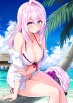  arm_support bangs bikini blush breasts cleavage collarbone cu-no eyebrows_visible_through_hair frilled_bikini frills front-tie_top hair_between_eyes hips hisenkaede jewelry large_breasts long_hair looking_at_viewer necklace ocean off_shoulder open_clothes open_shirt original pink_eyes pink_hair side-tie_bikini sitting smile solo swimsuit yayoi_sakura 