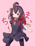  backpack bag bangs black_dress black_legwear blush bow bowtie brown_hair commentary_request cowboy_shot crime_prevention_buzzer dress eyebrows_visible_through_hair fangs furorina hand_on_hip heart houjuu_nue one_eye_closed open_mouth pink_background randoseru red_eyes red_neckwear short_hair short_sleeves simple_background solo thighhighs touhou v-shaped_eyebrows zettai_ryouiki 
