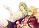  1other androgynous bangs bird bird_on_hand blonde_hair bracelet chain collarbone earrings enkidu_(fate/strange_fake) eyebrows_visible_through_hair fate/grand_order fate_(series) gilgamesh gold gold_chain green_eyes green_hair jewelry long_hair long_sleeves necklace open_mouth outstretched_arm red_eyes robe short_hair simple_background sitting smile white_background white_robe wide_sleeves xia_(ryugo) 