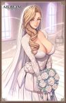  1girl aqua_eyes azur_lane blonde_hair blue_eyes blurry blurry_background bouquet breasts bridal_veil bride church cleavage closed_mouth crown curly_hair detached_sleeves dress earrings eyebrows flower happy highres holding holding_bouquet indoors large_breasts long_hair looking_at_viewer necklace oda_non pearl_necklace smile solo standing veil wedding_dress white_clothes white_dress white_flower window 