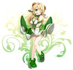  bangs blonde_hair blush boots breasts character_request cleavage detached_sleeves dress eyebrows_visible_through_hair green_dress green_eyes green_footwear head_tilt highres horns kutata long_hair long_sleeves looking_at_viewer medium_breasts one_eye_closed solo standing standing_on_one_leg tartaros_online very_long_hair white_background wind wind_lift 