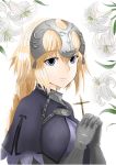  armor blue_eyes braid character_name crossed_arms eyebrows_visible_through_hair fate/apocrypha fate/grand_order fate_(series) flower hair_between_eyes headpiece highres jeanne_d'arc_(fate) jeanne_d'arc_(fate)_(all) kureijii_(ninecrazy27) lily_(flower) long_hair smile solo upper_body white_background 