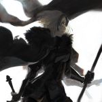  armor armored_dress black_cape blurry blurry_background cape commentary_request cowboy_shot fate/grand_order fate_(series) flag flagpole fur fur_collar gauntlets headpiece holding holding_flag holding_sword holding_weapon jeanne_d'arc_(alter)_(fate) jeanne_d'arc_(fate)_(all) looking_afar short_hair silver_hair simple_background solo sword toooka tsurime weapon white_background yellow_eyes 
