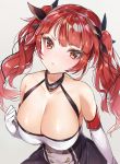  :&lt; absurdres azur_lane bangs bare_shoulders black_dress black_ribbon blush breasts brown_eyes cleavage closed_mouth commentary dress elbow_gloves eyebrows_visible_through_hair gloves grey_background hair_ribbon halterneck head_tilt highres honolulu_(azur_lane) large_breasts long_hair looking_at_viewer red_hair ribbon solo tsurime twintails very_long_hair white_gloves yayoichi_(yoruyoru108) 