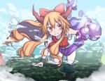  bangs blush bow closed_mouth commentary_request day eyebrows_visible_through_hair furorina giantess gourd hair_bow holding horn_bow horns ibuki_suika long_hair nature orange_eyes orange_hair outdoors purple_bow purple_skirt red_bow sidelocks skirt sleeveless smile solo touhou tree 