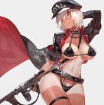  belt between_breasts bikini black_bikini blush breasts chain choker clenched_teeth coat commentary_request cowboy_shot fate/grand_order fate_(series) grey_background gun hat highres jeanne_d'arc_(alter)_(fate) jeanne_d'arc_(fate)_(all) lack large_breasts legs_together long_coat looking_at_viewer military_hat navel one-piece_tan parted_lips shiny shiny_skin short_hair short_sleeves silver_hair simple_background solo standing submachine_gun sweat swimsuit tan tanline teeth thigh_strap thompson_submachine_gun weapon yellow_eyes zipper 