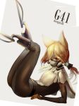  absurdres ajirui alternate_costume alternate_eye_color amputee animal_ears arm_support ass bangs belt blonde_hair bodysuit breasts bridal_gauntlets brown_eyes character_name choker commentary eyebrows_visible_through_hair face_mask fox_ears g41_(girls_frontline) girls_frontline gloves grey_background hair_between_eyes hair_ornament highres legs_up light_particles long_hair looking_at_viewer lying mask muzzle on_back prosthesis prosthetic_leg ribbon sidelocks simple_background small_breasts solo thighs very_long_hair 