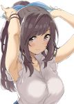 adjusting_bow armpits arms_behind_head arms_up bangs black_hair blue_bow blush bow bracelet breasts brown_eyes commentary_request eyebrows_visible_through_hair hair_bow idolmaster idolmaster_shiny_colors jewelry large_breasts long_hair looking_at_viewer mamedenkyuu_(berun) ponytail shirt simple_background sleeveless sleeveless_shirt smile solo swept_bangs tsukioka_kogane very_long_hair white_background white_shirt 