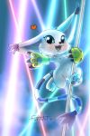  &lt;3 2018 abstract_background blue_eyes claws clothing dancing digimon feline female flat_chested fur furnut gatomon gloves looking_at_viewer mammal nightclub nude open_mouth pole pole_dancing pussy smile solo stripper_pole white_fur 