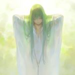  arms_behind_head bangs black_neckwear closed_eyes collarbone enkidu_(fate/strange_fake) eyebrows_visible_through_hair fate/grand_order fate/strange_fake fate_(series) feet_out_of_frame green_hair hair_flowing_over kanmuri_(hanyifan30338) long_hair robe see-through see-through_silhouette shiny shiny_hair smile straight_hair white_robe 