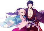  1girl abs ahoge arm_guards black_bow black_cape black_eyes black_hair blurry blurry_background bow cape collarbone commentary_request eyebrows_visible_through_hair fate/grand_order fate_(series) floating_clothes hair_between_eyes hair_bow hakama_skirt hand_on_own_chest hijikata_toshizou_(fate/grand_order) japanese_clothes kimono long_sleeves looking_at_viewer okita_souji_(fate) okita_souji_(fate)_(all) open_clothes pink_eyes pink_hair pink_kimono sheath short_hair simple_background sword tsurime upper_body weapon white_background wide_sleeves xia_(ryugo) 