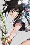  badminton badminton_racket brown_hair green_eyes hairband hanebado! hanesaki_ayano hankuri holding_racket ponytail racket shuttlecock sweat sweatband 