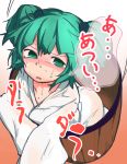  bangs blush bucket commentary_request eyebrows_visible_through_hair furorina green_eyes green_hair hair_bobbles hair_ornament hot kisume short_hair solo sweat sweating_profusely touhou translation_request twintails wet wet_clothes 