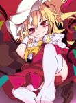  &gt;:) ascot bangs blonde_hair blush bow closed_mouth commentary_request eyebrows_visible_through_hair flandre_scarlet furorina hand_up hat looking_at_viewer mob_cap no_shoes panties panty_peek red_bow red_eyes red_skirt short_sleeves side_ponytail sitting skirt skirt_set smile solo thighhighs touhou underwear v-shaped_eyebrows white_hat white_legwear 