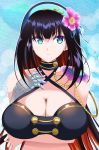  aoshima_yoshihiko arm_under_breasts bad_id bad_pixiv_id bangs bare_shoulders black_bikini_top black_hair blue_eyes breast_hold breasts choker claiomh_solais_(phantom_of_the_kill) collarbone commentary_request criss-cross_halter eyebrows_visible_through_hair flower gauntlets hair_flower hair_ornament hair_ribbon hairband halterneck hand_on_own_chest large_breasts long_hair looking_to_the_side multicolored_hair phantom_of_the_kill red_hair ribbon single_gauntlet solo swimsuit two-tone_hair 