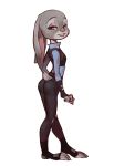  2018 3_toes 5_fingers alpha_channel bedroom_eyes breasts buckteeth clothing digital_media_(artwork) disney ears_down female fur gloves grey_fur half-closed_eyes hi_res judy_hopps lagomorph looking_aside looking_at_viewer mammal police police_uniform pose purple_eyes rabbit rear_view seductive simple_background smile solo standing teeth toes transparent_background tungst3nw uniform vest zootopia 