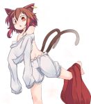  animal_ears bangs bare_shoulders bloomers brown_eyes brown_hair cat_ears cat_tail chen commentary_request earrings eyebrows_visible_through_hair furorina jewelry looking_at_viewer multiple_tails open_mouth short_hair sidelocks simple_background solo standing standing_on_one_leg tail touhou two_tails underwear undressing white_background 