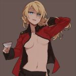  blue_eyes breasts cleavage commentary covered_nipples cup darjeeling girls_und_panzer hand_in_hair hips long_hair medium_breasts navel no_bra open_clothes open_skirt partially_undressed ree_(re-19) skirt solo st._gloriana's_military_uniform teacup underboob 