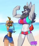  abs athletic beach biceps big_breasts bikini black_nose breasts canine clothing crumpalicious dog duo dyed_fur fangs female flexing gloves jamie_(crumpalicious) mammal navel open_mouth outside pink_nose pose seaside sharp_teeth size_difference sky smile swimsuit teeth tongue water were werewolf 
