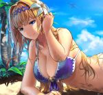  adjusting_hair aircraft airship bangs bare_shoulders beach bikini blonde_hair breasts cleavage collarbone commentary day diadem eyebrows_visible_through_hair flower granblue_fantasy grancypher_(granblue_fantasy) hair_between_eyes hair_flower hair_intakes hair_ornament highres jeanne_d'arc_(granblue_fantasy) large_breasts lily_(flower) long_hair lying on_stomach outdoors palm_tree purple_bikini sand smile solo swimsuit tree wet white_flower zonotaida 