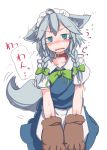  ahoge animal_ears bangs blue_eyes blush bow bowtie braid collar commentary_request cowboy_shot dog_ears dog_tail eyebrows_visible_through_hair furorina gloves green_bow green_neckwear grey_hair hair_bow izayoi_sakuya kemonomimi_mode looking_at_viewer maid maid_headdress nose_blush open_mouth paw_gloves paws short_hair_with_long_locks short_sleeves side_braid simple_background solo speech_bubble sweat tail tears touhou twin_braids white_background 