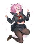  absurdres alternate_costume bad_id bad_pixiv_id banned_artist black_legwear black_serafuku black_skirt breasts brown_footwear commentary_request fate/grand_order fate_(series) full_body glasses hair_over_one_eye highres large_breasts looking_at_viewer mash_kyrielight panties panties_under_pantyhose pantyhose pantyshot pantyshot_(jumping) purple_eyes purple_hair round_eyewear school_uniform serafuku short_hair skirt smile solo underwear white_background yuzuha 