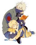  age_difference blonde_hair book commentary_request dated face_mask fingerless_gloves flak_jacket gloves hair_over_one_eye hatake_kakashi head_on_hand lap_pillow long_sleeves mask multiple_boys multiple_girls naruto naruto_(series) open_mouth open_toe_shoes orange_pants orange_shirt reading shirt short_hair silver_hair sitting sleeping spiked_hair uzumaki_naruto whisker_markings white_background xia_(ryugo) 