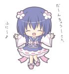  :3 :d ^_^ bangs blue_hair blue_sailor_collar blue_skirt blush boots braid chibi closed_eyes commentary_request eighth_note eyebrows_visible_through_hair facing_viewer flower flower_knight_girl full_body hair_between_eyes hair_flower hair_ornament japanese_clothes kimono long_hair long_sleeves low_twintails musical_note obi open_mouth outstretched_arms pink_footwear rinechun sailor_collar sash simple_background skirt sleeves_past_wrists smile solo standing standing_on_one_leg translation_request twin_braids twintails very_long_hair viola_(flower_knight_girl) white_background white_flower white_kimono wide_sleeves 